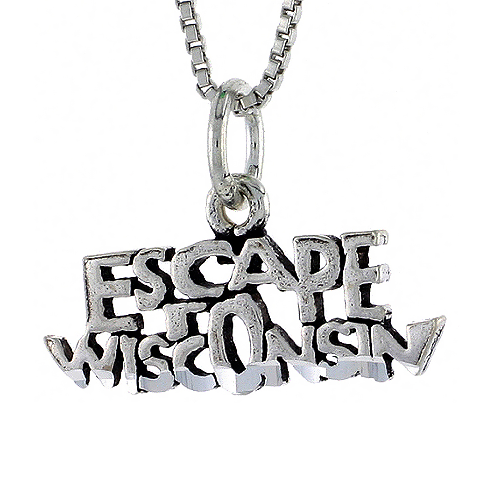 Sterling Silver ESCAPE WISCONSIN Word Necklace on an 18 inch Box Chain