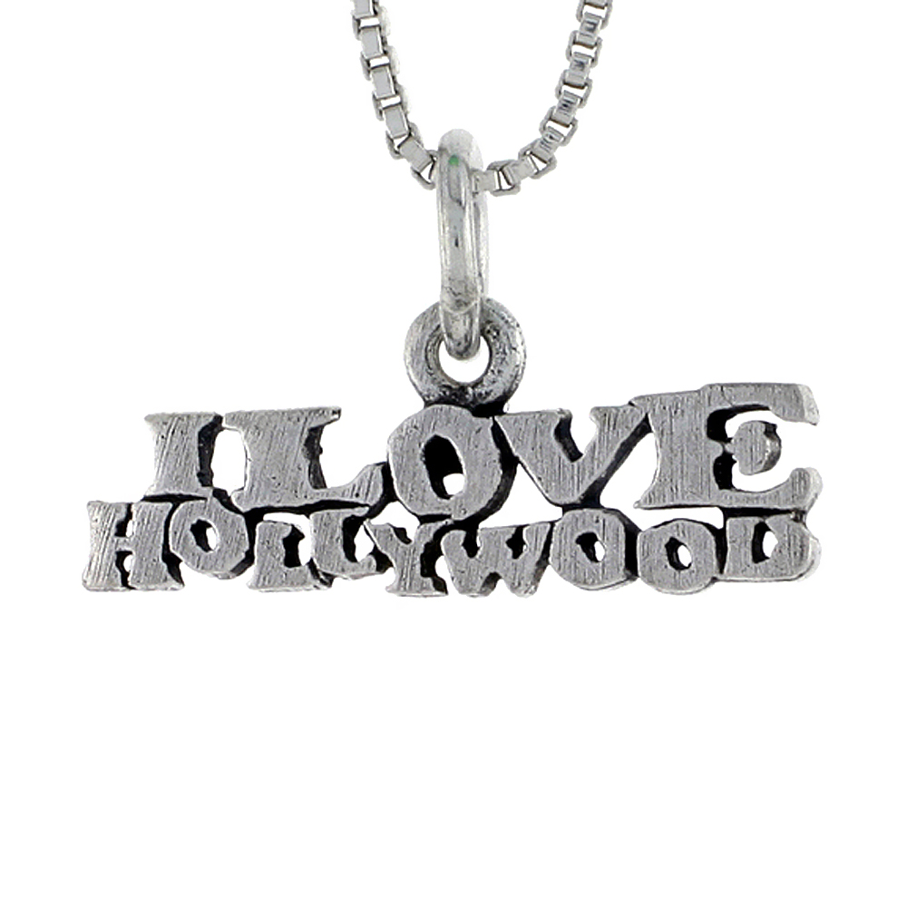 Sterling Silver I LOVE HOLLYWOOD Word Necklace on an 18 inch Box Chain