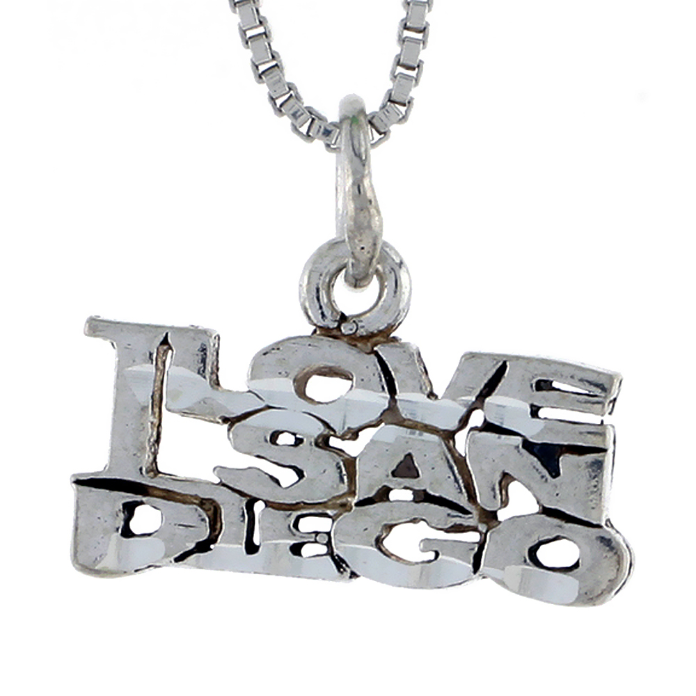 Sterling Silver I LOVE SAN DIEGO Word Necklace on an 18 inch Box Chain
