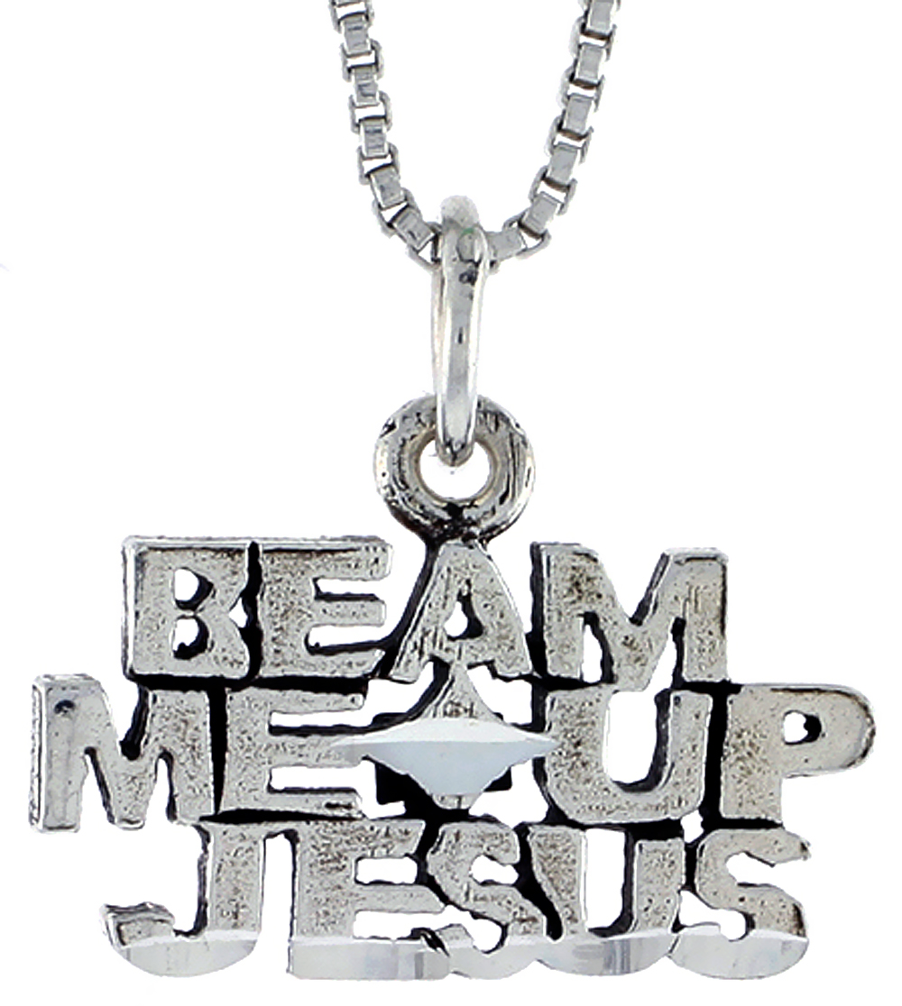 Sterling Silver BEAM ME UP JESUS Word Necklace on an 18 inch Box Chain