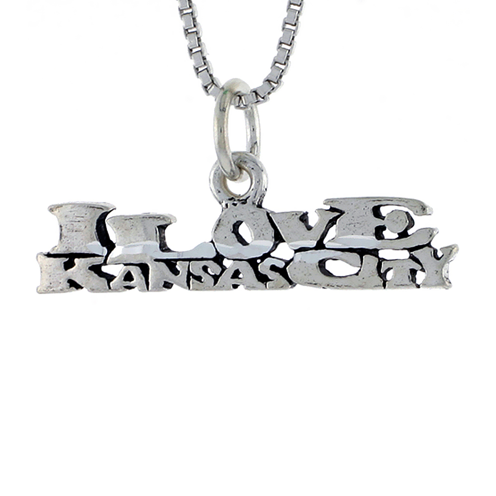 Sterling Silver I LOVE KANSAS CITY Word Necklace on an 18 inch Box Chain