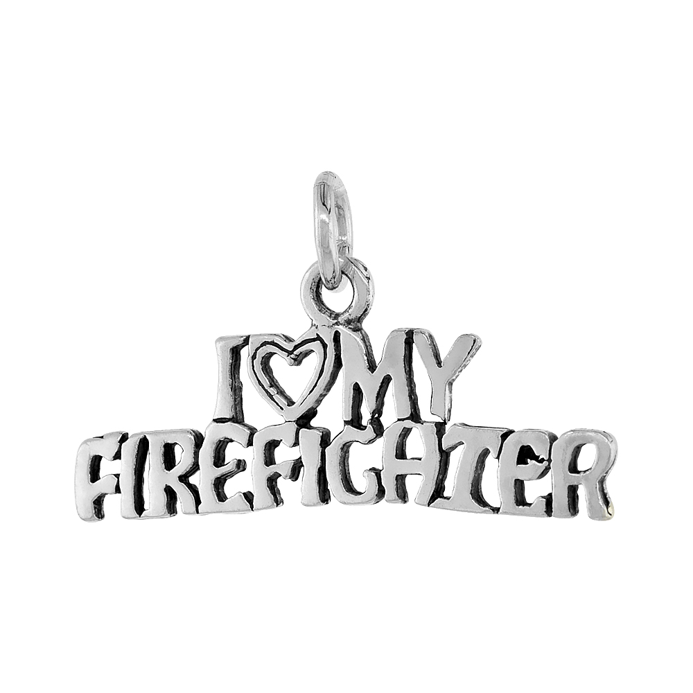 Sterling Silver I LOVE MY FIREFIGHTER Word Necklace on an 18 inch Box Chain
