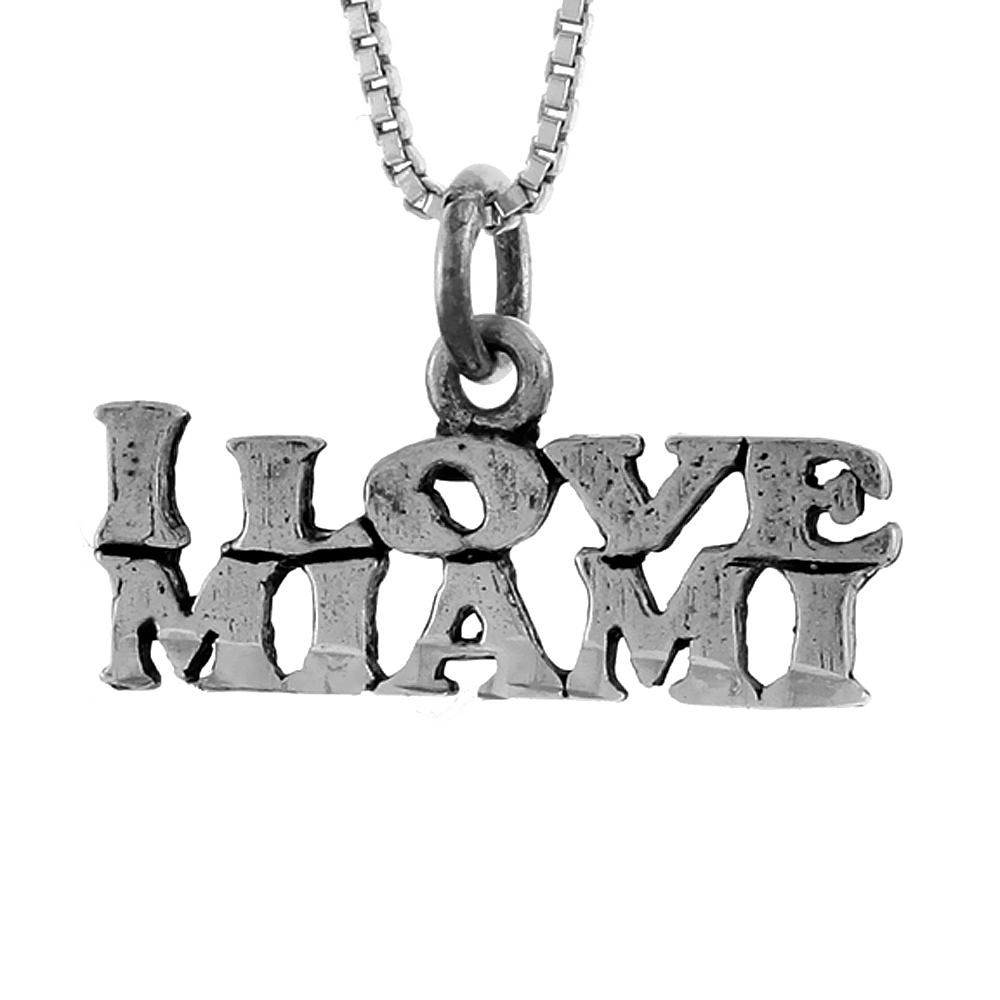 Sterling Silver I LOVE MIAMI Word Necklace on an 18 inch Box Chain