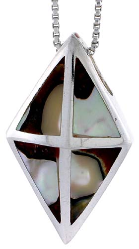 Sterling Silver Diamond-shaped Slider Shell Pendant, w/ Colorful Mother of Pearl inlay, 1 5/16&quot; (33 mm) tall&amp; 18&quot; Thin Snake Chain