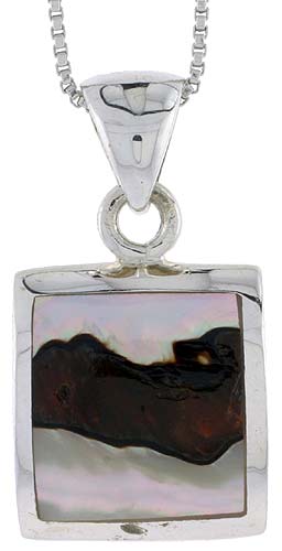 Sterling Silver Square Shell Pendant, w/ Colorful Mother of Pearl inlay, 1&quot; (25 mm) tall&amp; 18&quot; Thin Snake Chain