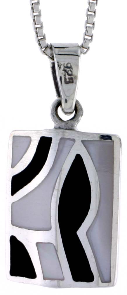 Sterling Silver Rectangular Shell Pendant, w/ Black &amp; White Mother of Pearl inlay, 3/4&quot; (19 mm) tall&amp; 18&quot; Thin Snake Chain