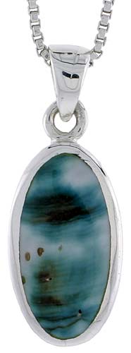 Sterling Silver Oval Shell Pendant, w/ Blue-Green Mother of Pearl inlay, 7/8&quot; (22 mm) tall&amp; 18&quot; Thin Snake Chain