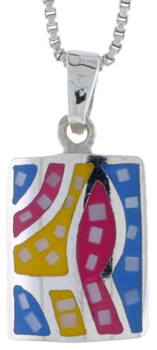 Sterling Silver Rectangular Shell Pendant, w/ Colorful Mother of Pearl inlay, 3/4&quot; (20 mm) tall&amp; 18&quot; Thin Snake Chain