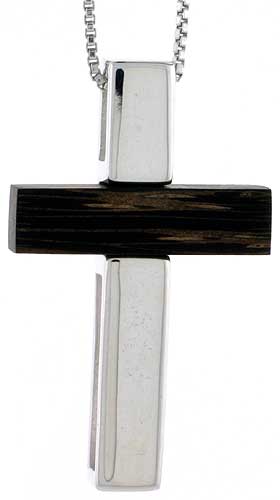 Sterling Silver Latin Cross Slider Pendant, w/ Ancient Wood Inlay, 1 7/16&quot; (37 mm) tall, w/ 18&quot; Thin Snake Chain