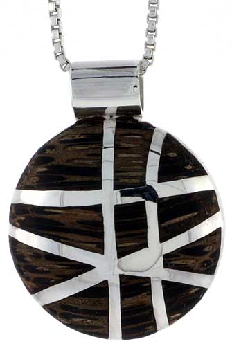 Sterling Silver Round Slider Pendant, w/ Ancient Wood Inlay, 13/16&quot; (20 mm) tall, w/ 18&quot; Thin Snake Chain