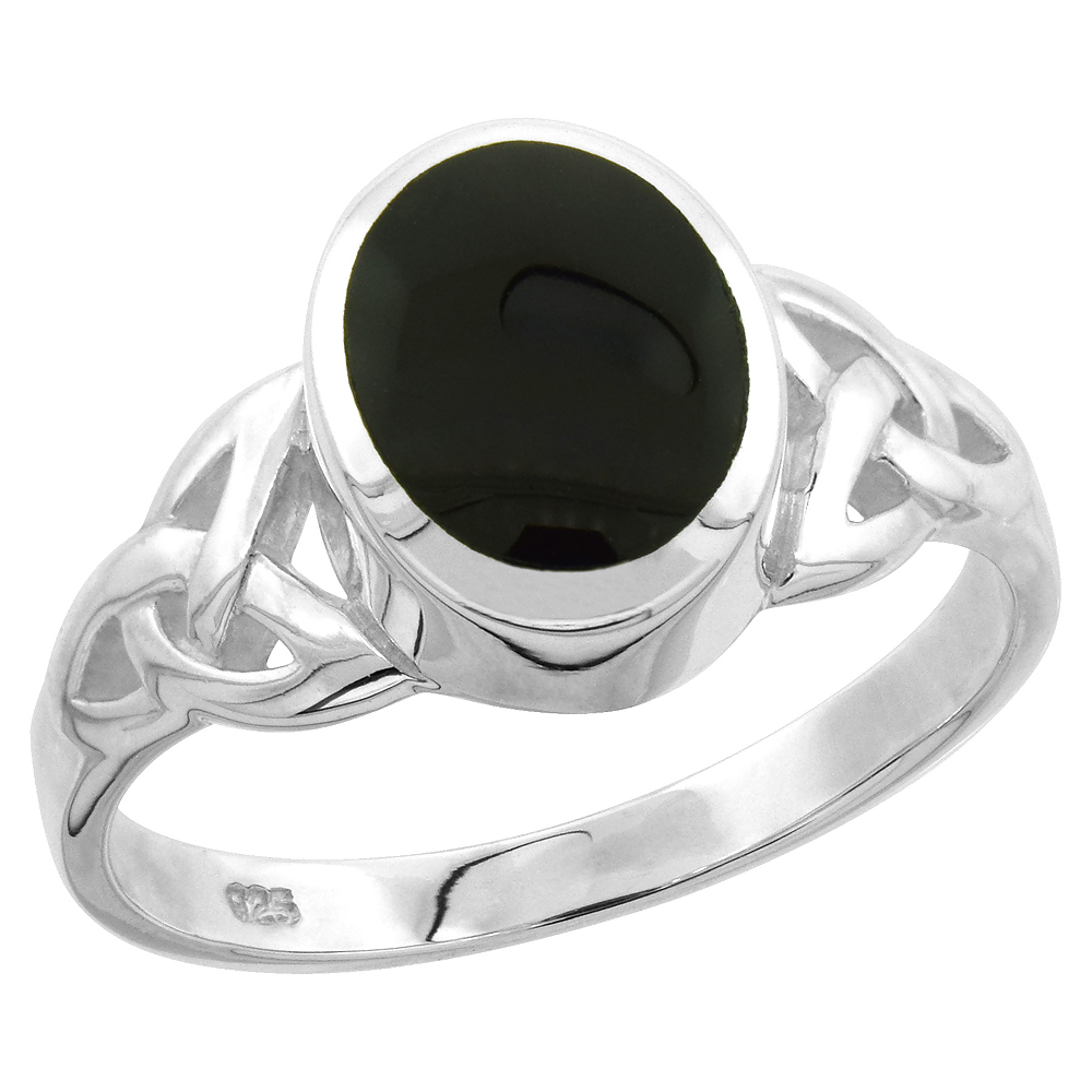 Sterling Silver Oval Black Onyx Celtic Knot Trinity Triquetra Ring for Women High Polish 7/16 inch sizes 6-12