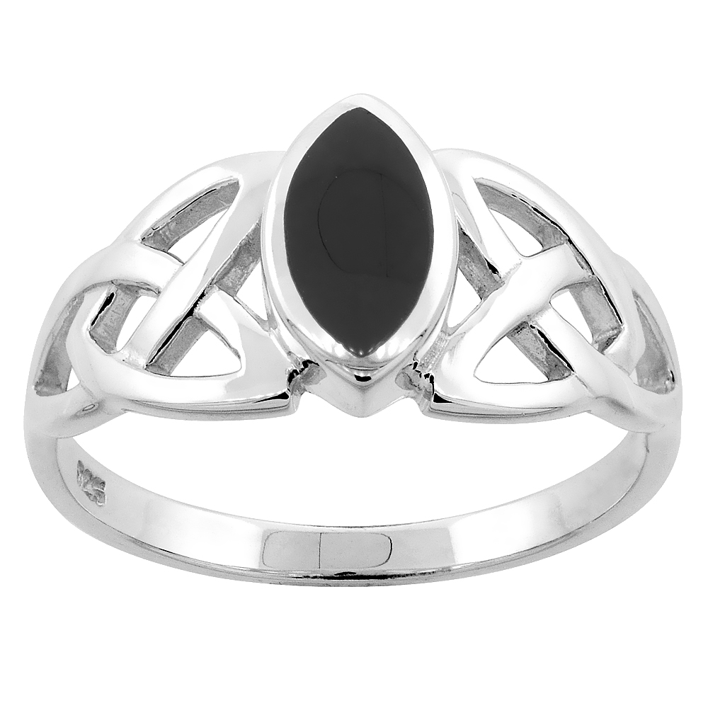 Sterling Silver Marquise Black Onyx Celtic Knot Trinity Triquetra Ring for Women High Polish 1/2 inch sizes 6-14