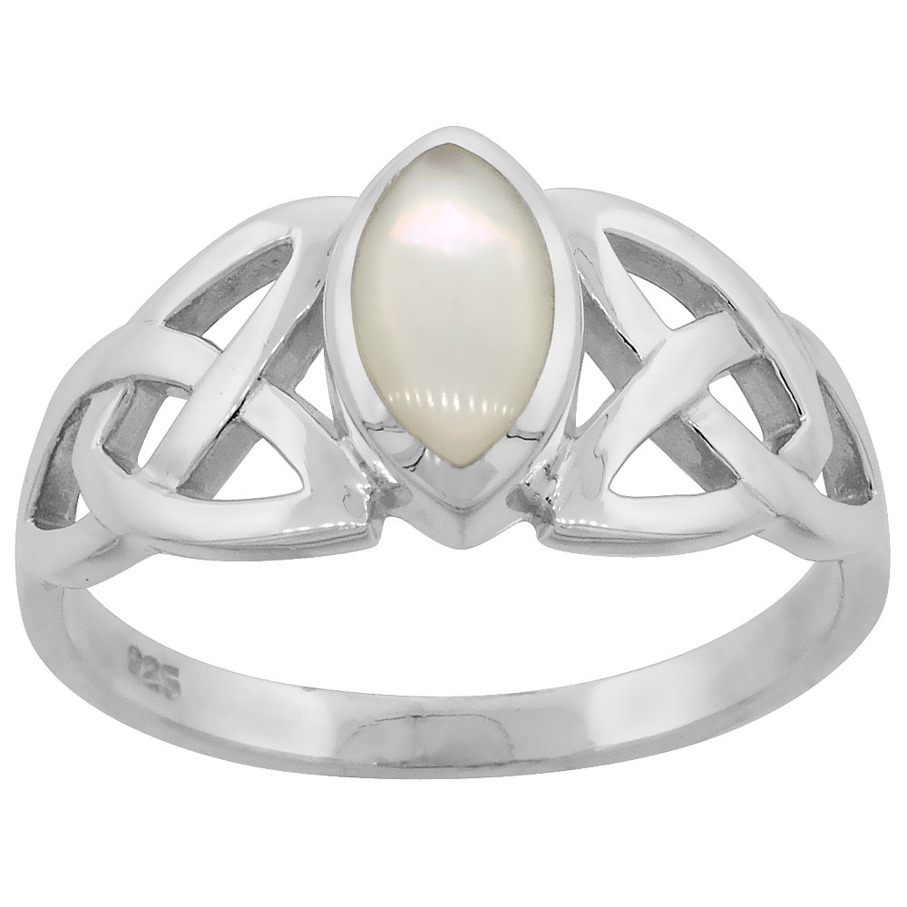 Sterling Silver Marquise Mother of Pearl Celtic Knot Trinity Triquetra Ring for Women High Polish 1/2 inch sizes 6-14