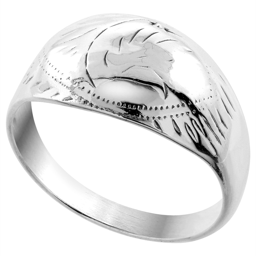 Sterling Silver Engraved Dome Ring Hollow 7/16 inch wide, sizes 6 - 14