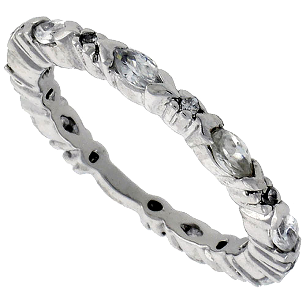 Sterling Silver Cubic Zirconia Eternity Ring Marquise Cut 4x2mm Rhodium finish, sizes 6 - 9
