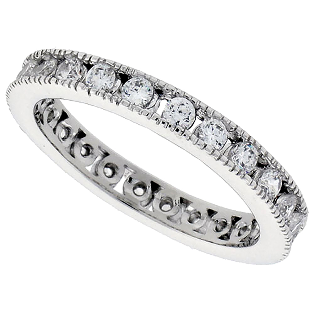 Sterling Silver Cubic Zirconia Eternity Ring Channel set 2mm Round Rhodium finish, sizes 6 - 9
