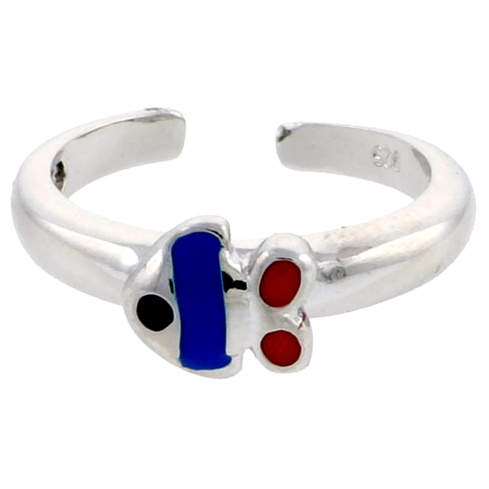 Sterling Silver Toe Ring Baby Fish Ring Adjustable Blue &amp; Red enameled, 1/4 inch wide