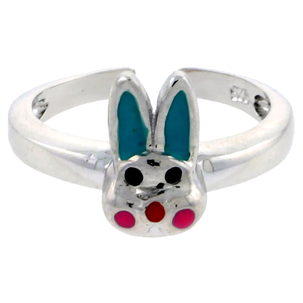 Sterling Silver Toe Ring Baby Rabbit Ring Adjustable Aqua Green & Pink enameled, 3/8 inch wide