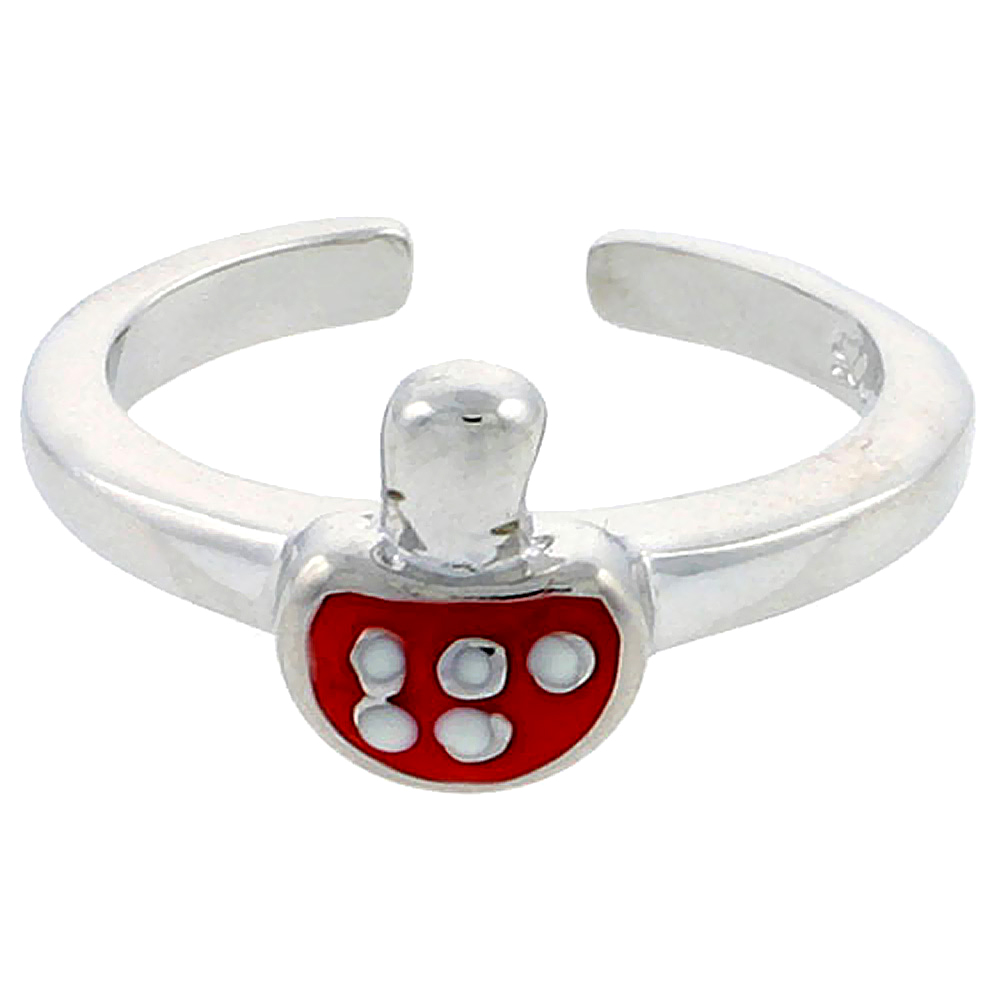 Sterling Silver Toe Ring Baby Mushroom Ring Adjustable Red enameled, 5/16 inch wide