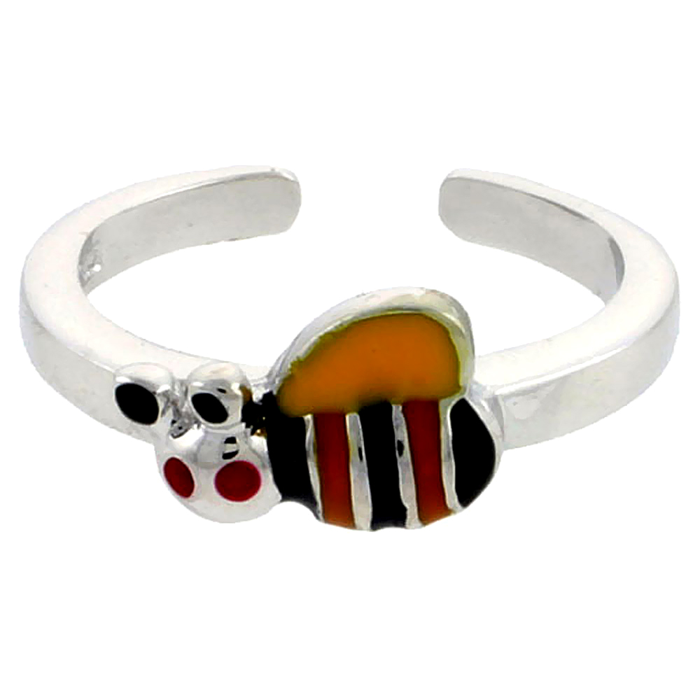 Sterling Silver Toe Ring Baby Bumble Bee Ring Adjustable Yellow, Black & Orange enameled, 1/4 inch wide
