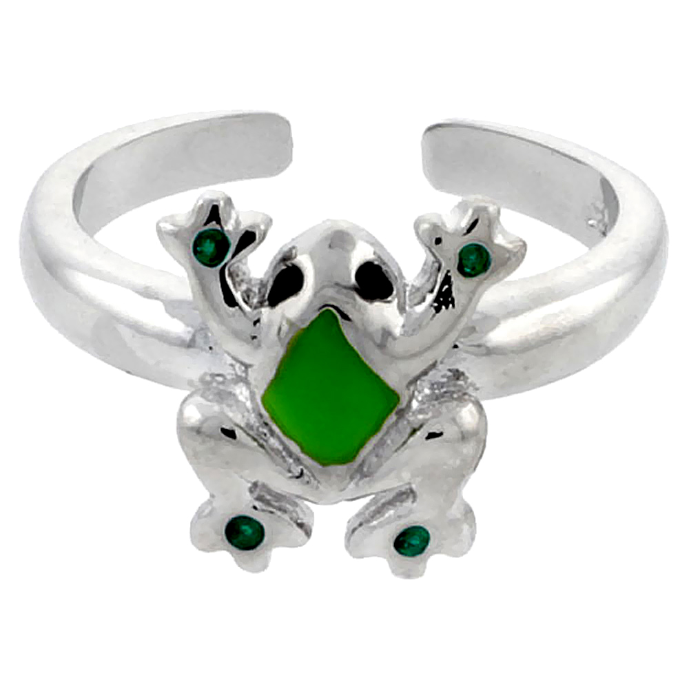 Sterling Silver Toe Ring Baby Frog Ring Adjustable Green enameled, 3/8 inch wide
