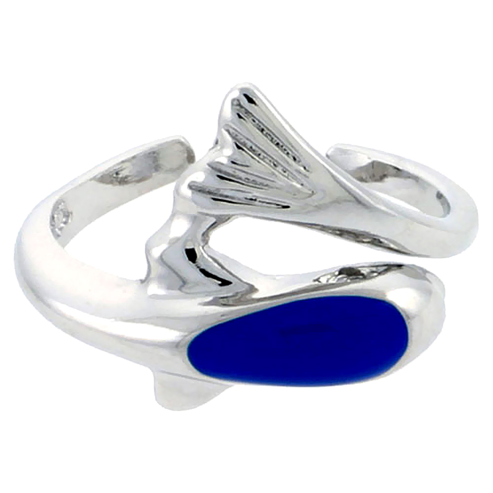 Sterling Silver Toe Ring Baby Dolphin Ring Adjustable Blue enameled, 7/16 inch wide