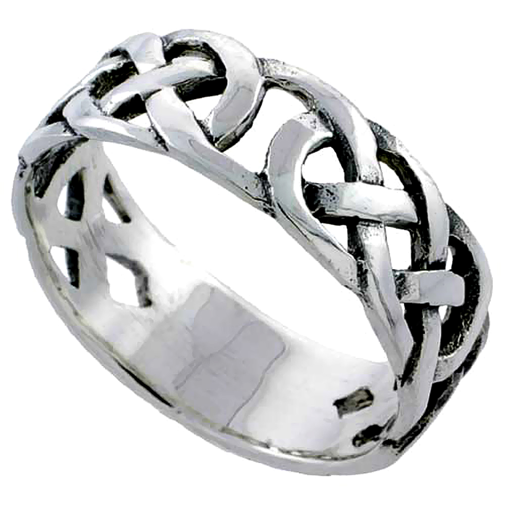 Sterling Silver Celtic Knot Ring Wedding Band Thumb Ring 3/8 inch wide, sizes 5 - 11