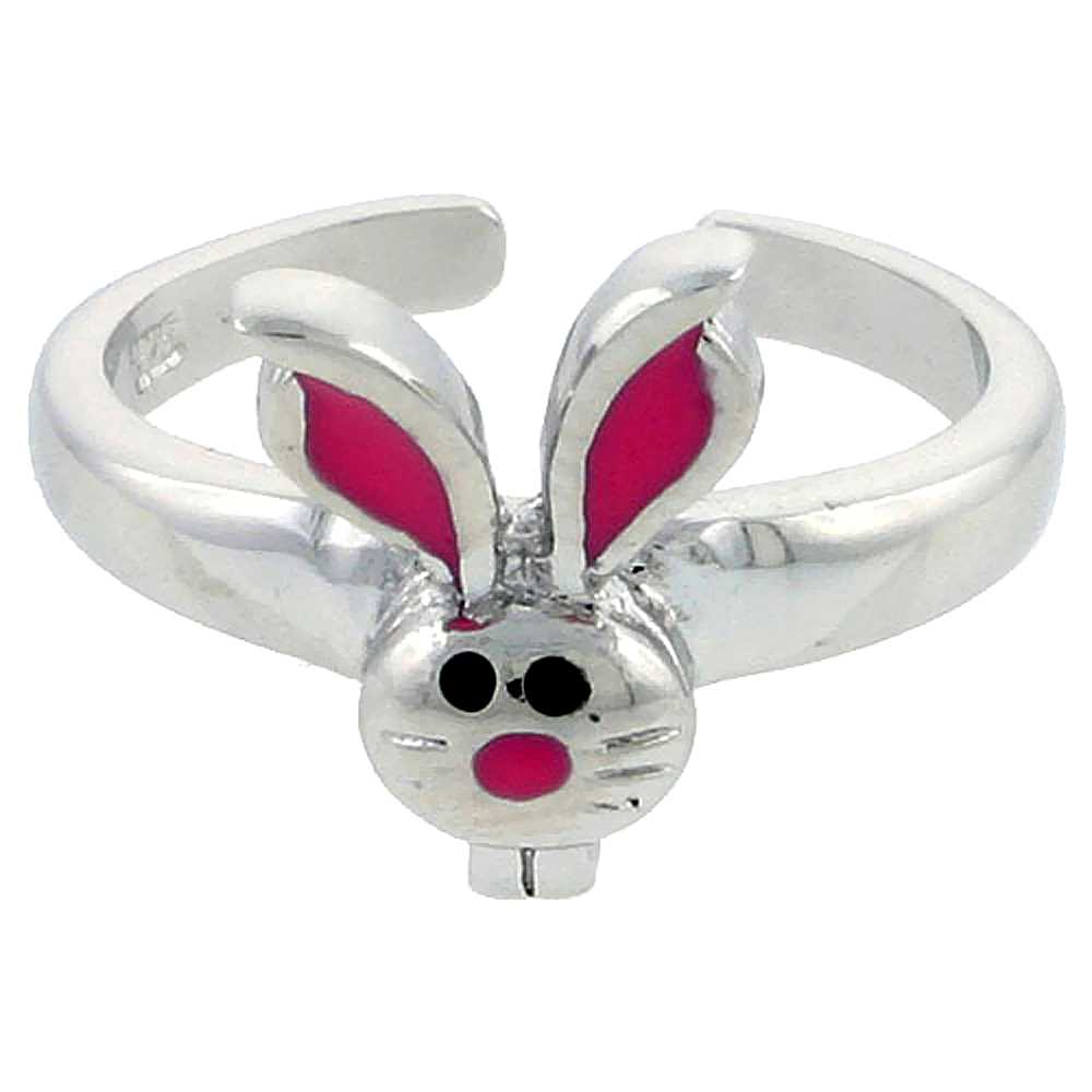 Sterling Silver Toe Ring Baby Rabbit Head Ring Adjustable Pink enameled, 7/16 inch wide