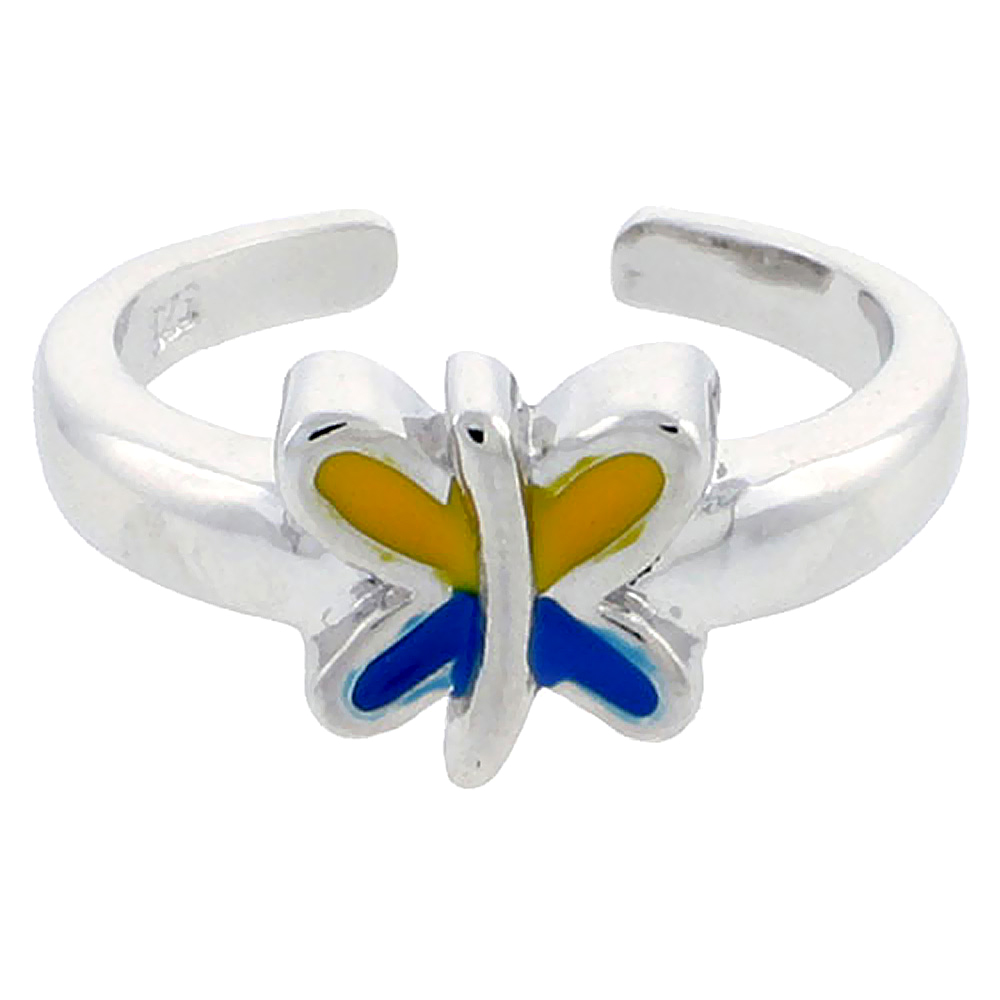 Sterling Silver Toe Ring Baby Butterfly Ring Adjustable Blue &amp; Yellow enameled, 1/4 inch wide