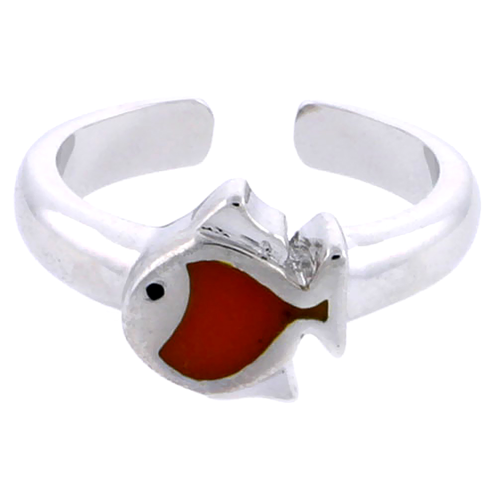 Sterling Silver Toe Ring Baby Fish Ring Adjustable Orange enameled, 5/16 inch wide