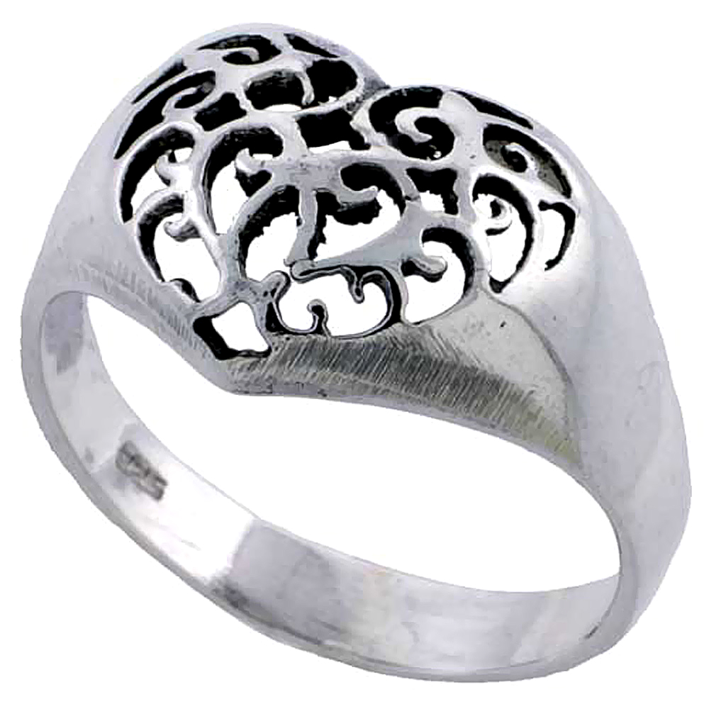 Sterling Silver Filigree Heart Ring 7/16 inch wide, sizes 4 - 11