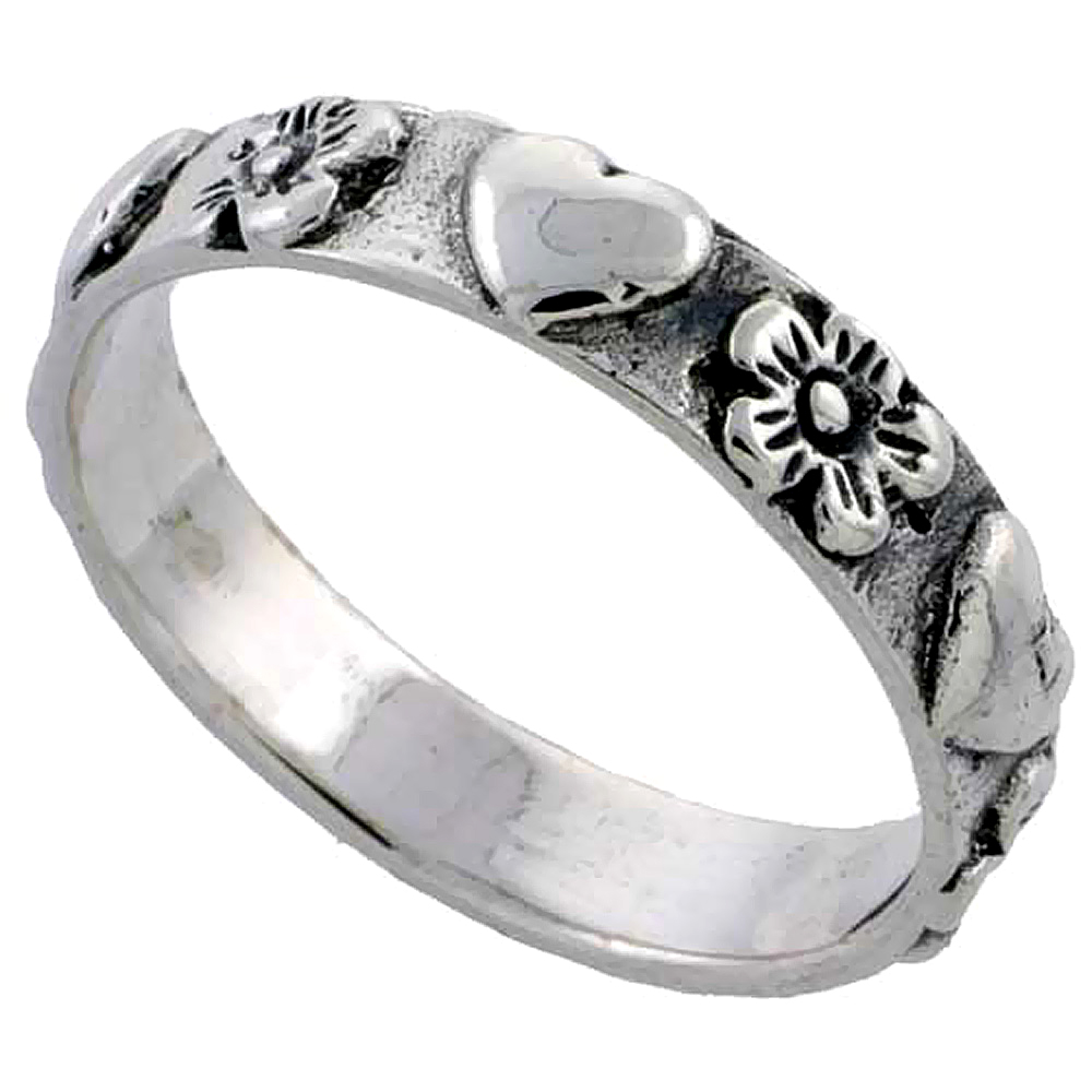 Sterling Silver Dainty Hearts & Flowers Ring 3/16 inch, sizes 6 - 10