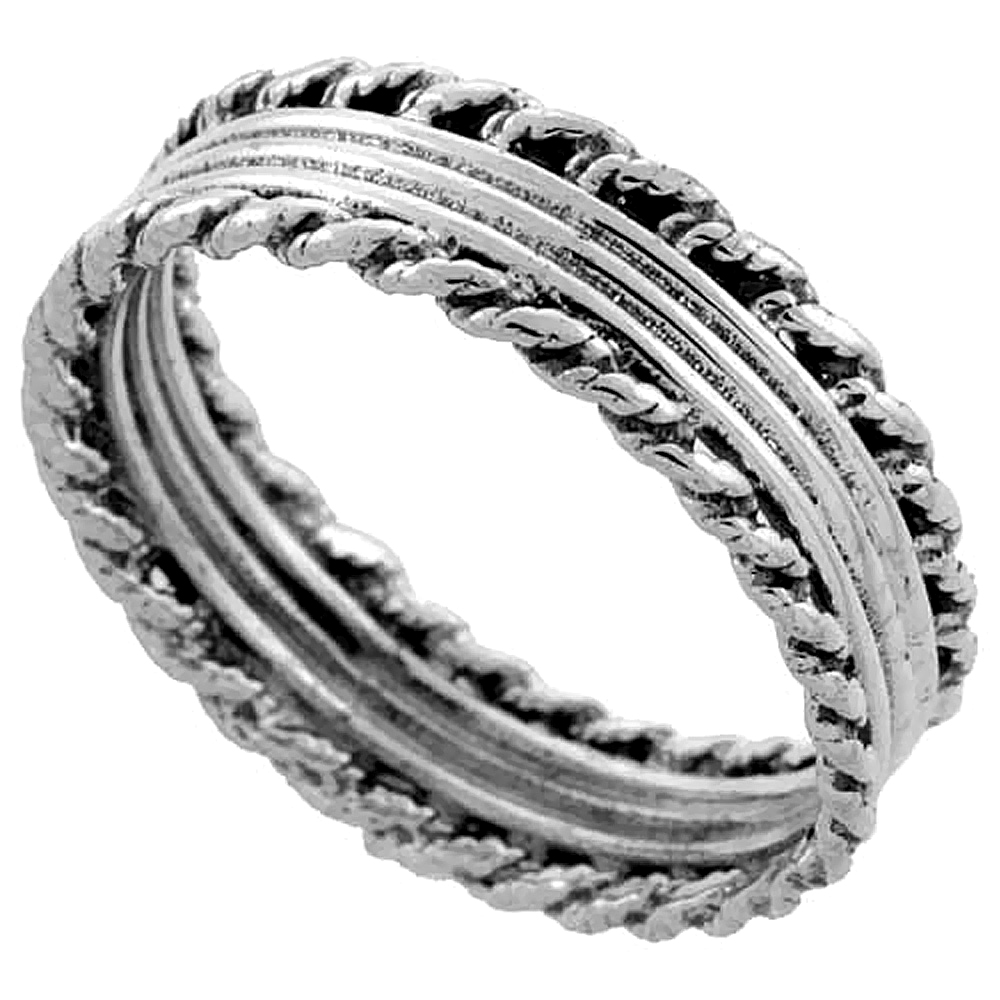 Sterling Silver Bali Style Rope Ring 1/4 inch wide, sizes 6 - 10
