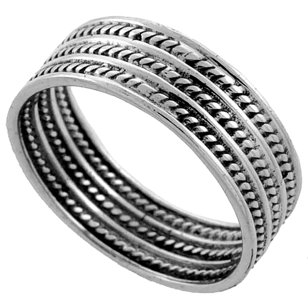 Sterling Silver Bali Style Rope Ring 3/8 inch wide, sizes 6 - 10