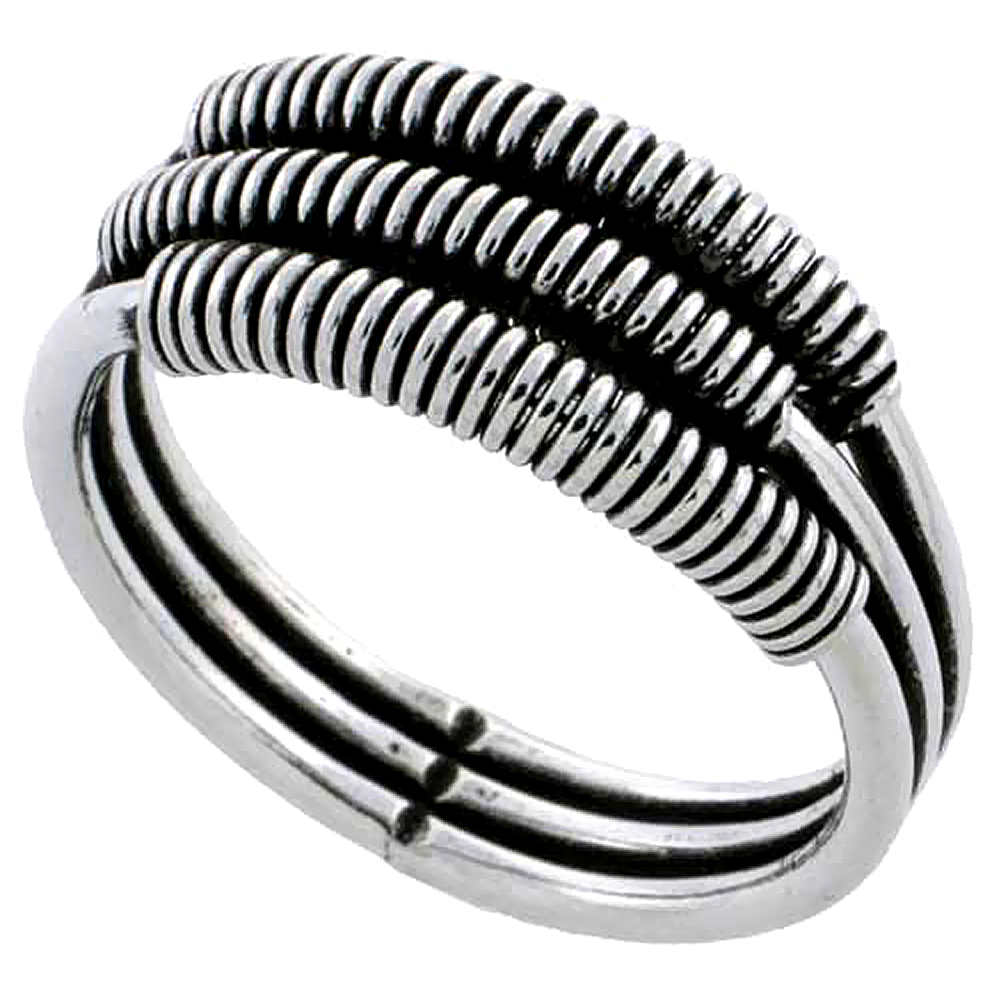 Sterling Silver Bali Style Wire Wrapped 3 Stack Ring 3/8 inch wide, sizes 6 - 10