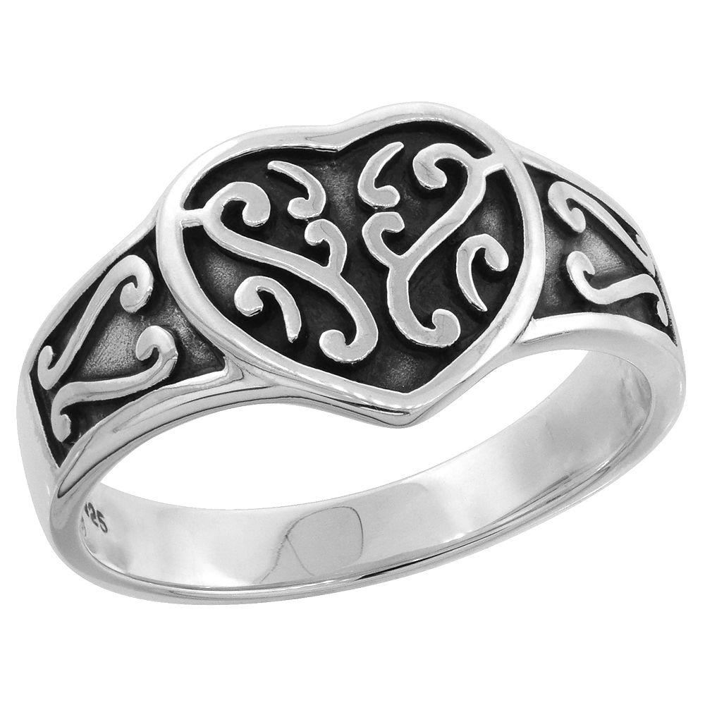 Sterling Silver Heart Ring S Scrolls 3/8 inch wide, sizes 6 - 10