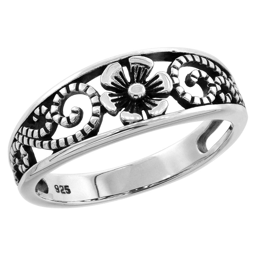 Sterling Silver Floral Vine Ring 1/4 inch wide, sizes 6 - 10