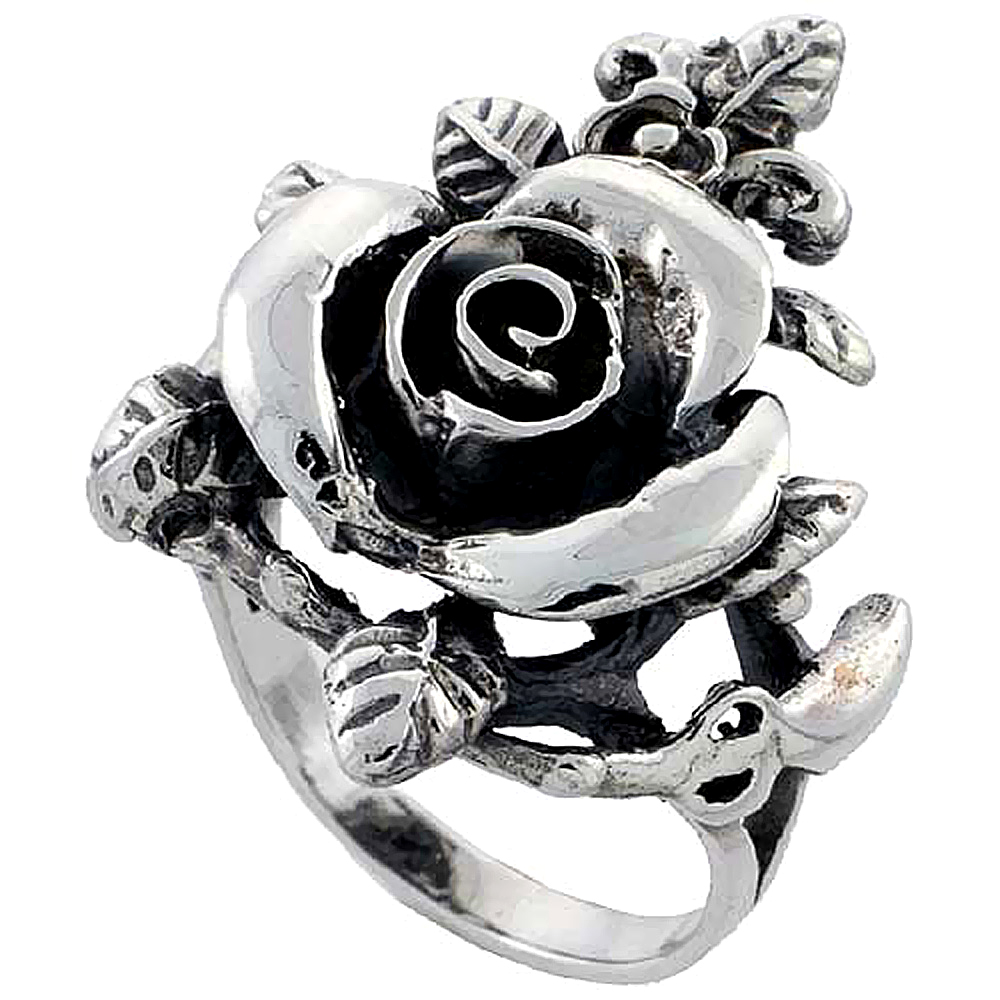 Sterling Silver Rose Ring Large 1 inch, sizes 6 - 10