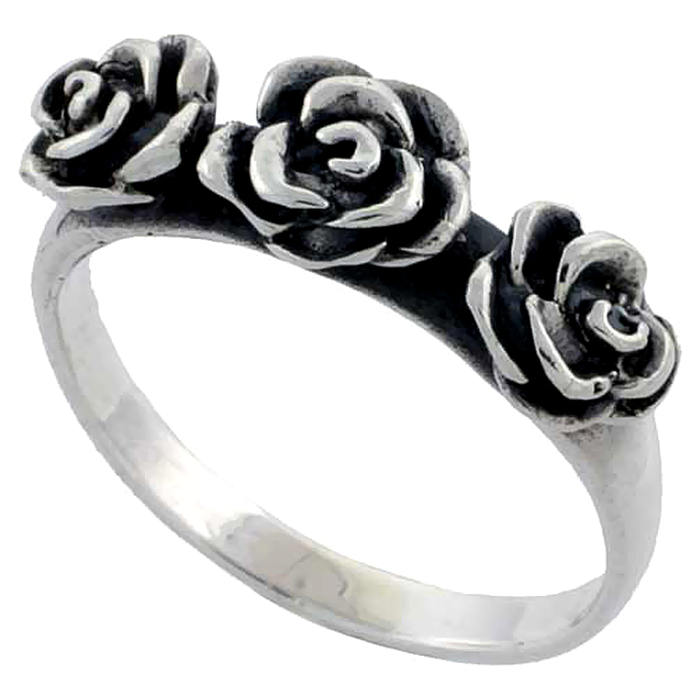 Sterling Silver 3 Rose Ring 1/4 inch, sizes 6 - 10