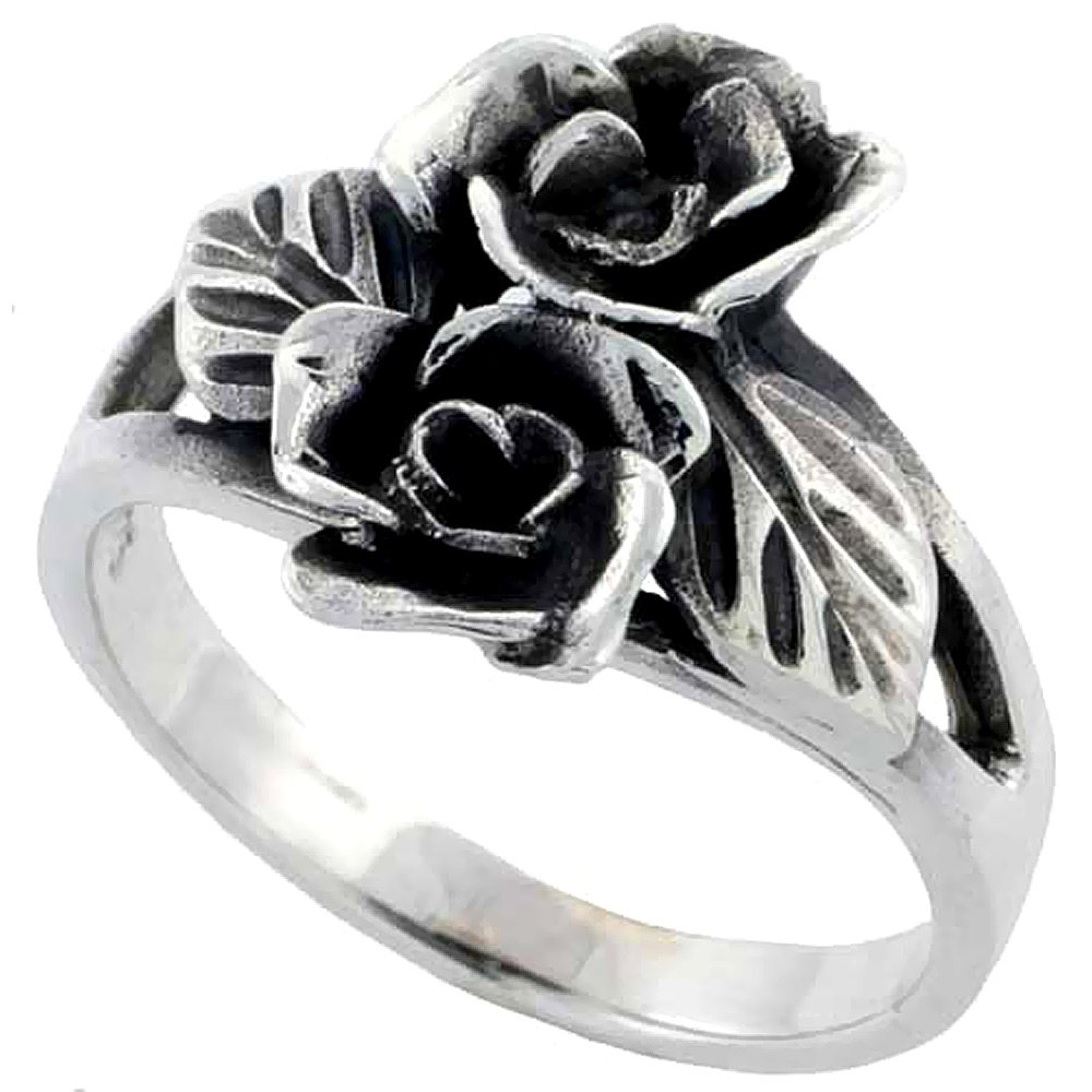Sterling Silver 2 Roses Ring 5/8 inch wide, sizes 6 - 10