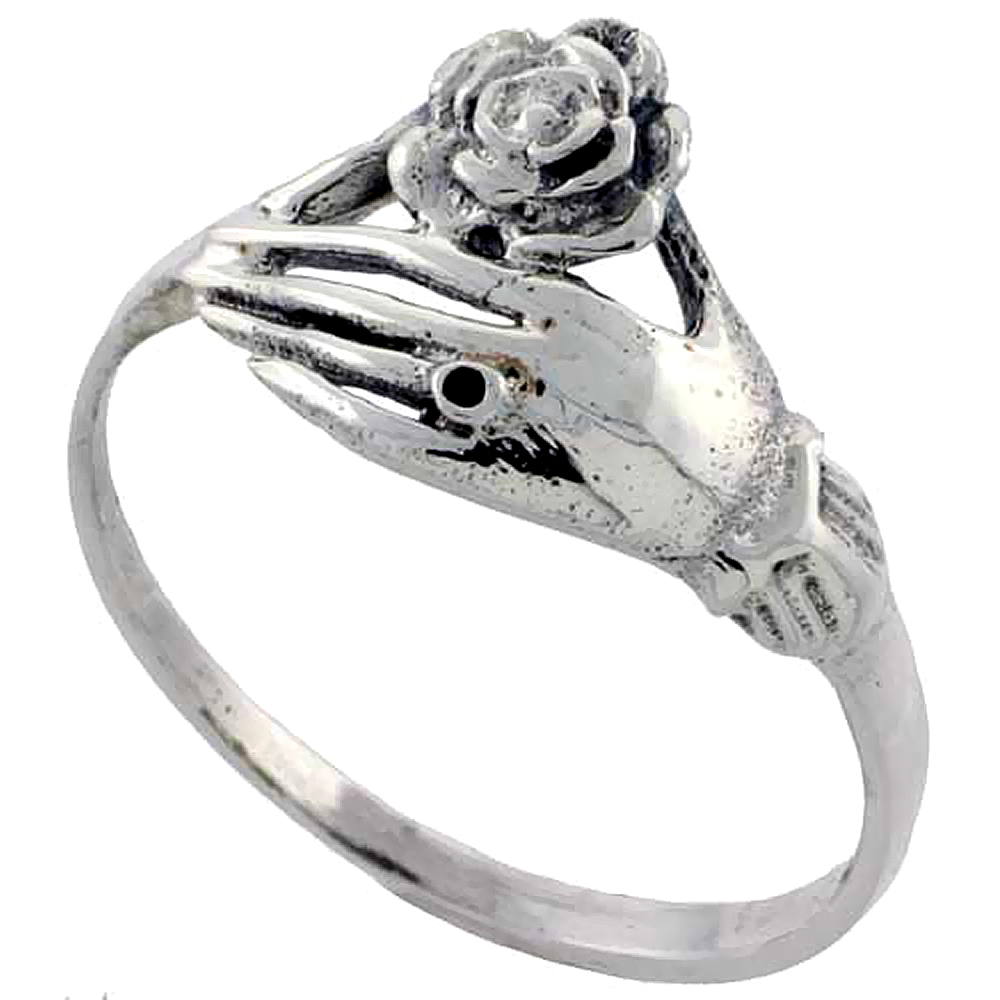 Sterling Silver Hand Holding Flower Ring 7/16 inch wide, sizes 6 - 10