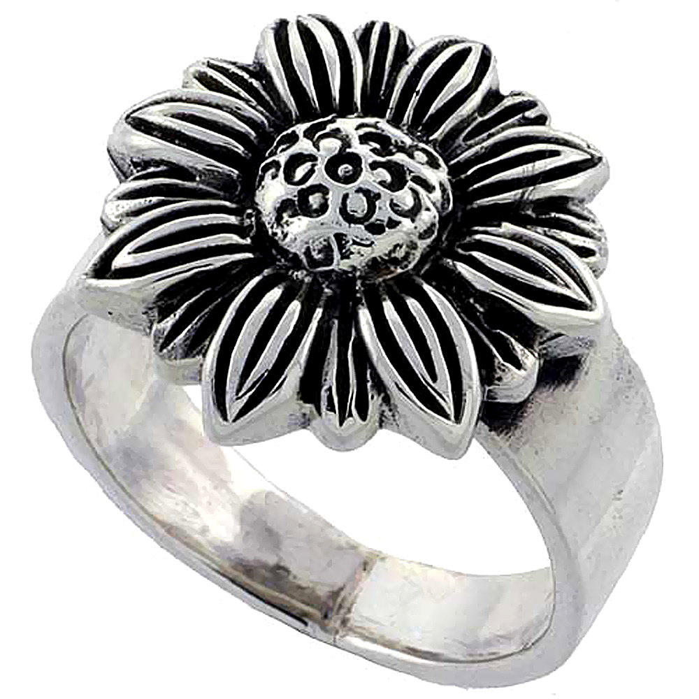 Sterling Silver Sunflower Ring Large 5/8 inch wide, sizes 6 - 10