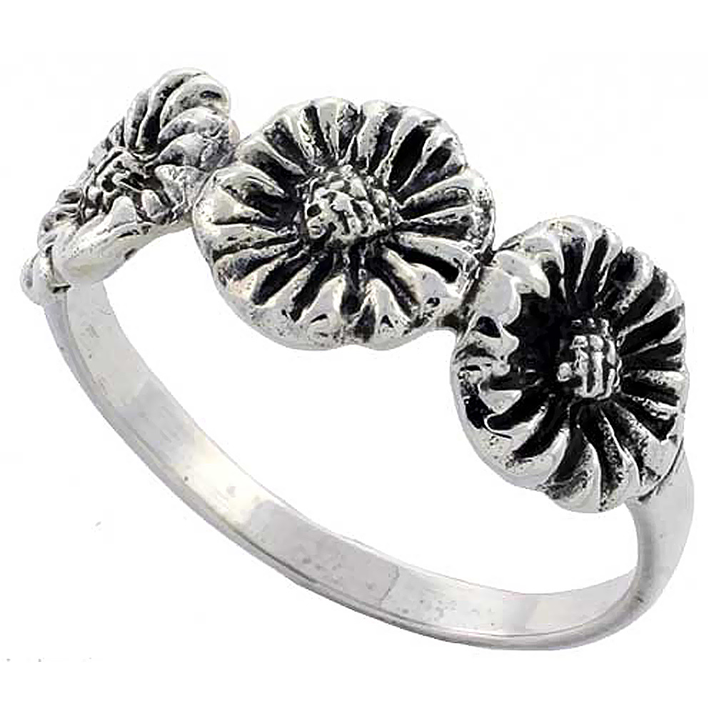 Sterling Silver 3 Sunflowers Ring 5/16 inch wide, sizes 6 - 10
