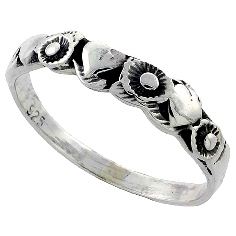 Sterling Silver Heart &amp; Flower Stackable Ring 3/16 inch wide, sizes 6 - 10