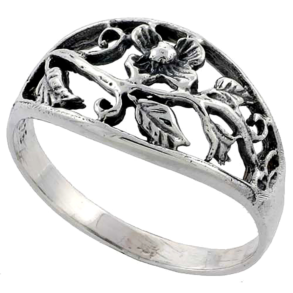 Sterling Silver Flower Vine Ring 7/16 inch wide, sizes 6 - 10