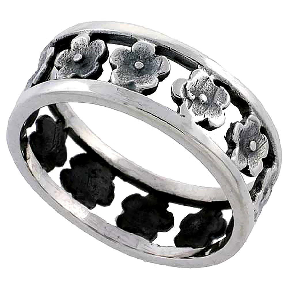 Sterling Silver Hibiscus Flowers Ring 5/16 inch wide, sizes 6 - 10