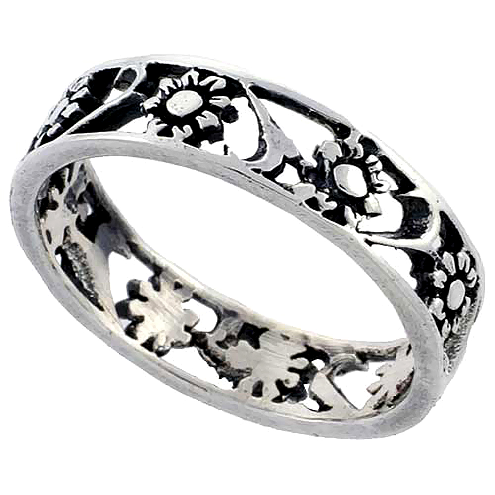 Sterling Silver Flowers Ring 3/16 inch wide, sizes 6 - 10