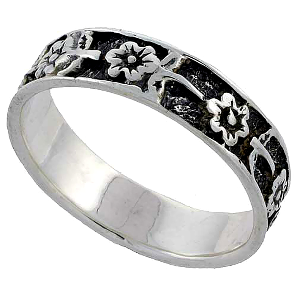 Sterling Silver Flowers Ring 1/4 inch wide, sizes 6 - 10