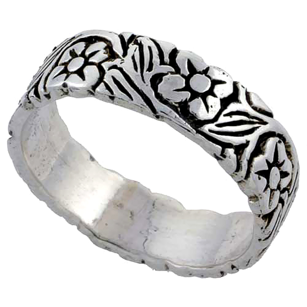 Sterling Silver Flower Vine Ring 3/16 inch wide, sizes 6 - 10