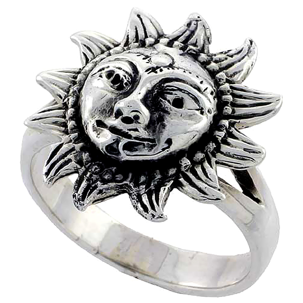 Sterling Silver Surya Hindu Sun God Ring 3/4 inch, sizes 6 - 10
